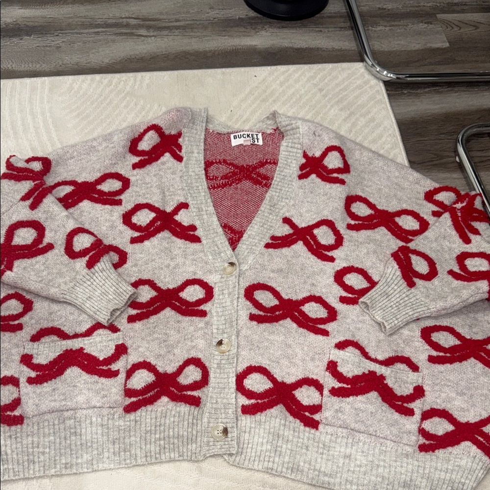 BUCKETLIST Red and Cream Bow Cardigan